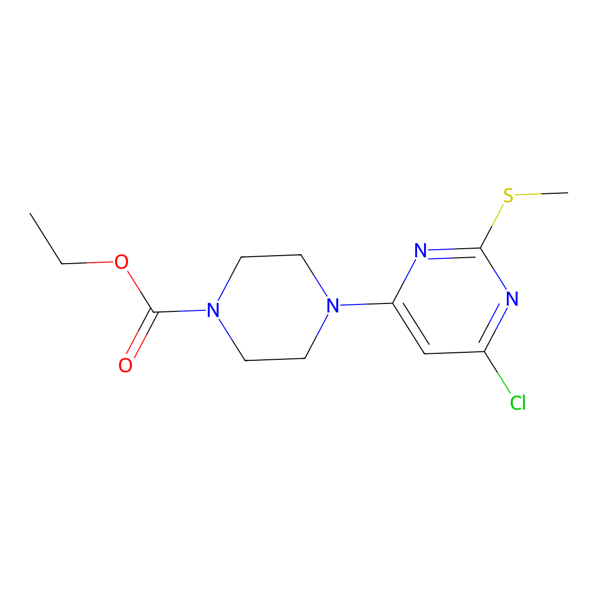Ethyl 4-(6-chloro-2-(methylsulfanyl)-4-pyrimidinyl)tetrahydro-1(2H)-pyrazinecarboxylate molecular structure, CAS 339017-78-6