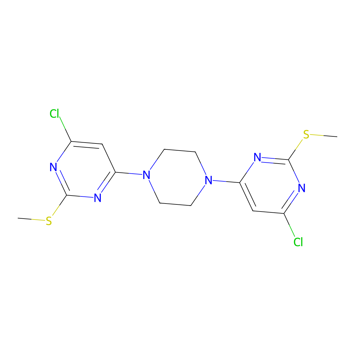 4-Chloro-6-(4-(6-chloro-2-(methylsulfanyl)-4-pyrimidinyl)piperazino)-2-(methylsulfanyl)pyrimidine molecular structure, CAS 339017-81-1