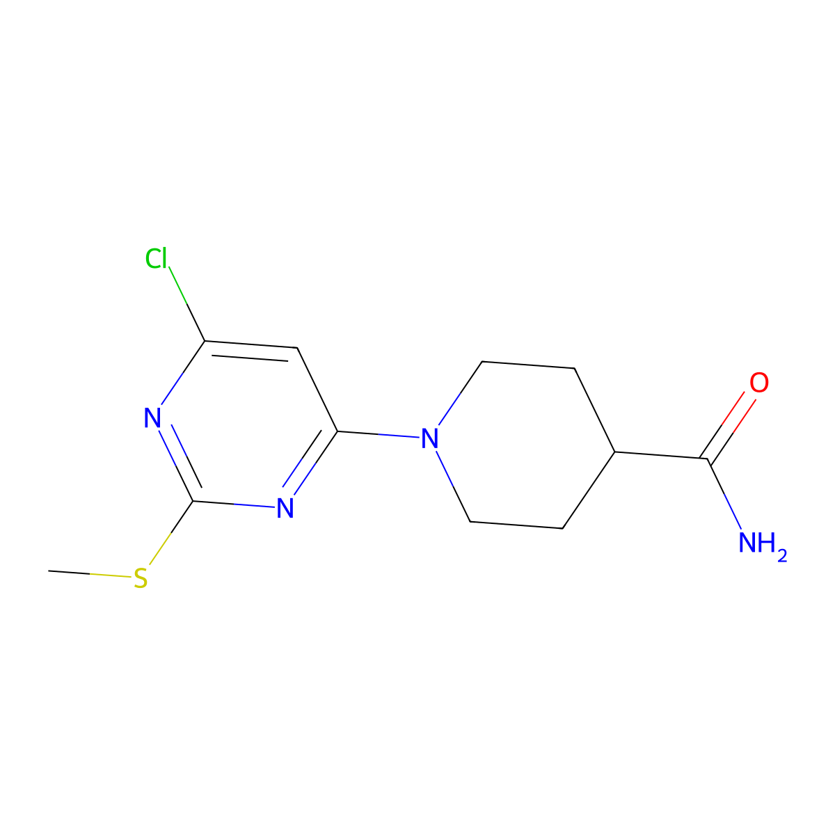 1-[6-Chloro-2-(methylsulfanyl)-4-pyrimidinyl]-4-piperidinecarboxamide molecular structure, CAS 339017-90-2