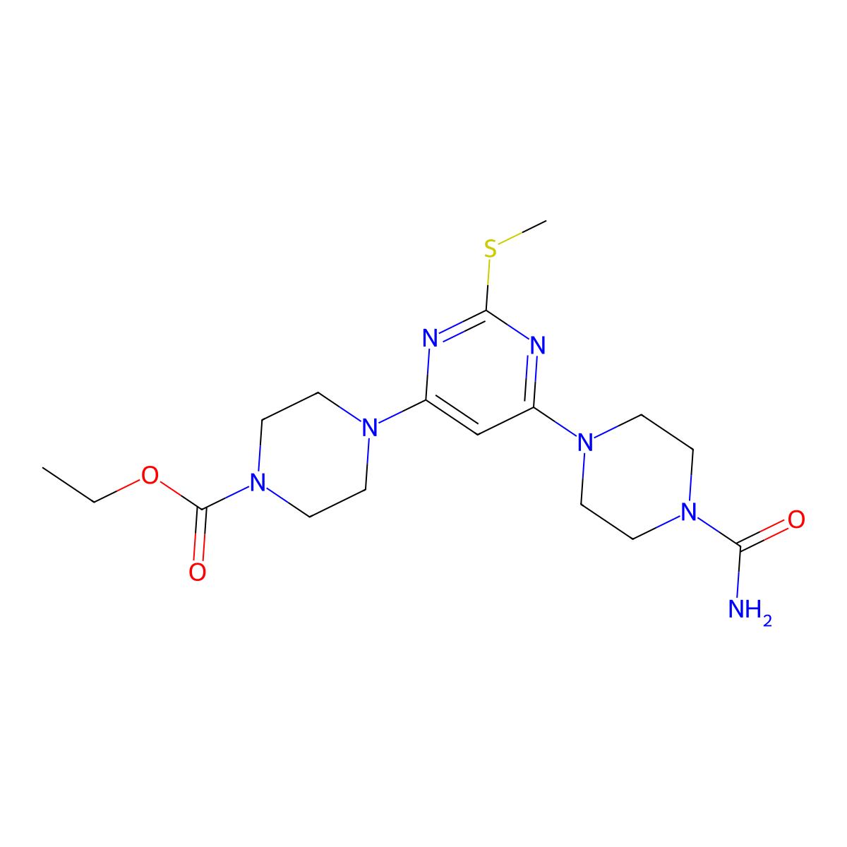 Ethyl 4-(6-(4-(aminocarbonyl)piperazino)-2-(methylsulfanyl)-4-pyrimidinyl)tetrahydro-1(2H)-pyrazinecarboxylate molecular structure, CAS 339017-92-4