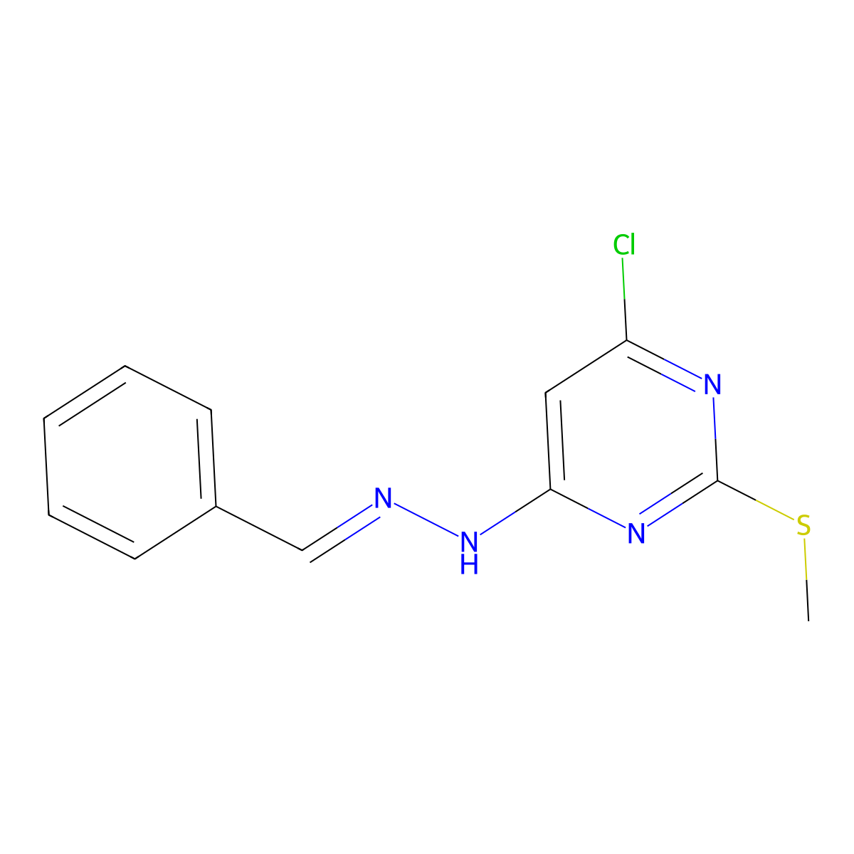 4-chloro-2-(methylsulfanyl)-6-[(E)-2-(phenylmethylidene)hydrazin-1-yl]pyrimidine molecular structure, CAS 339017-98-0