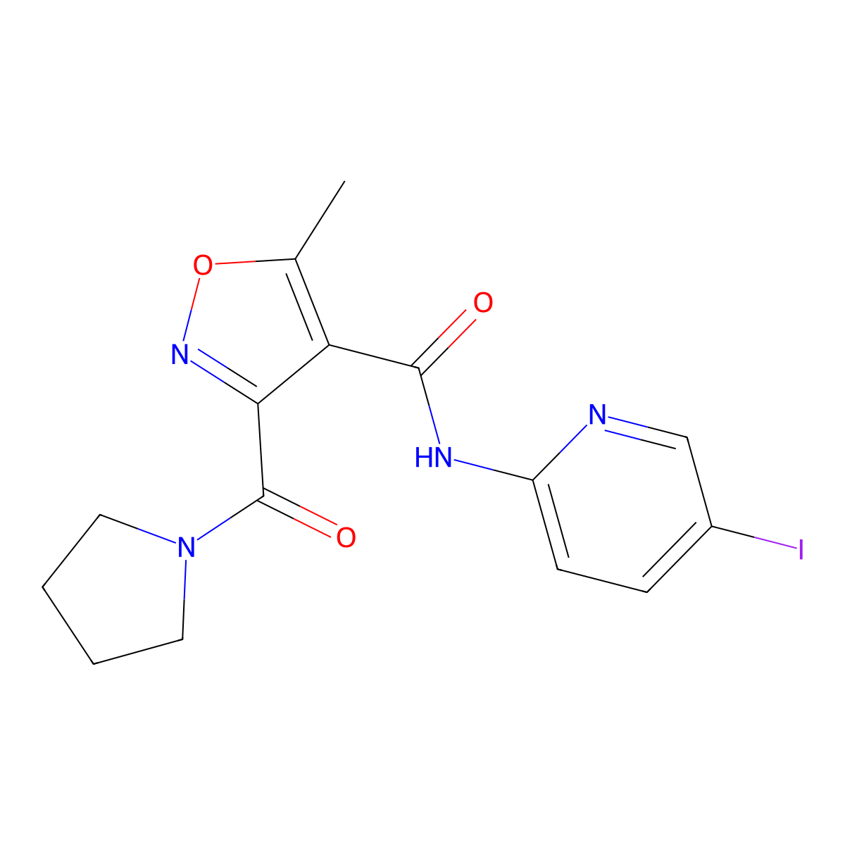 N-(5-iodopyridin-2-yl)-5-methyl-3-(pyrrolidine-1-carbonyl)-1,2-oxazole-4-carboxamide molecular structure, CAS 339018-09-6