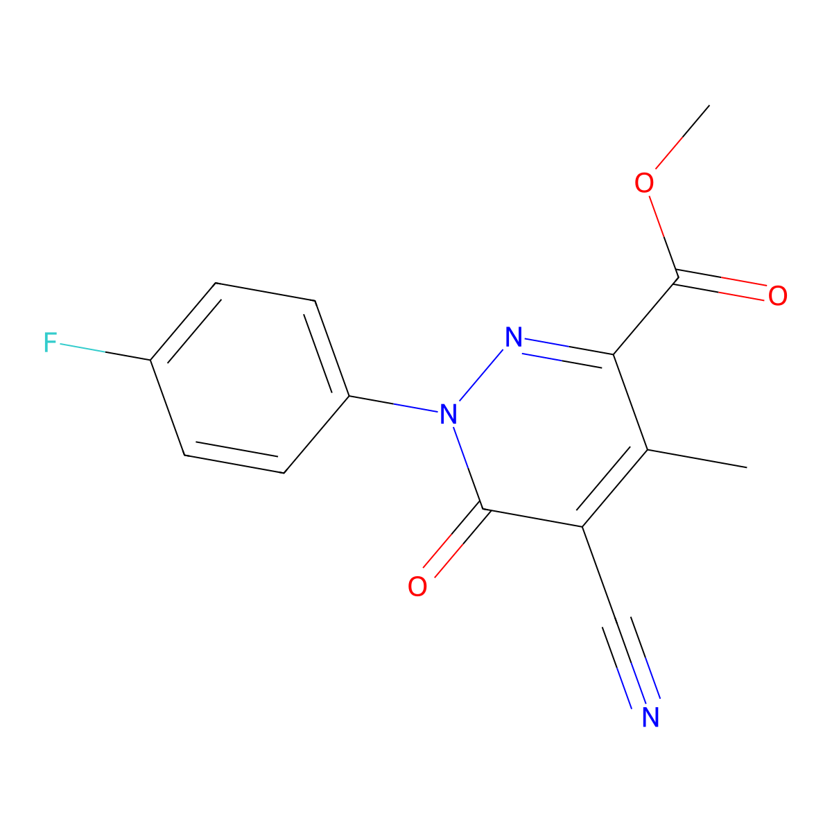 Methyl 5-cyano-1-(4-fluorophenyl)-4-methyl-6-oxo-1,6-dihydro-3-pyridazinecarboxylate molecular structure, CAS 339018-13-2