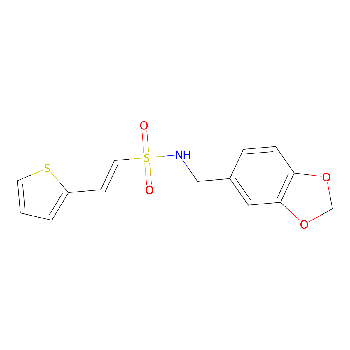 (E)-N-[(2H-1,3-benzodioxol-5-yl)methyl]-2-(thiophen-2-yl)ethene-1-sulfonamide molecular structure, CAS 339018-68-7