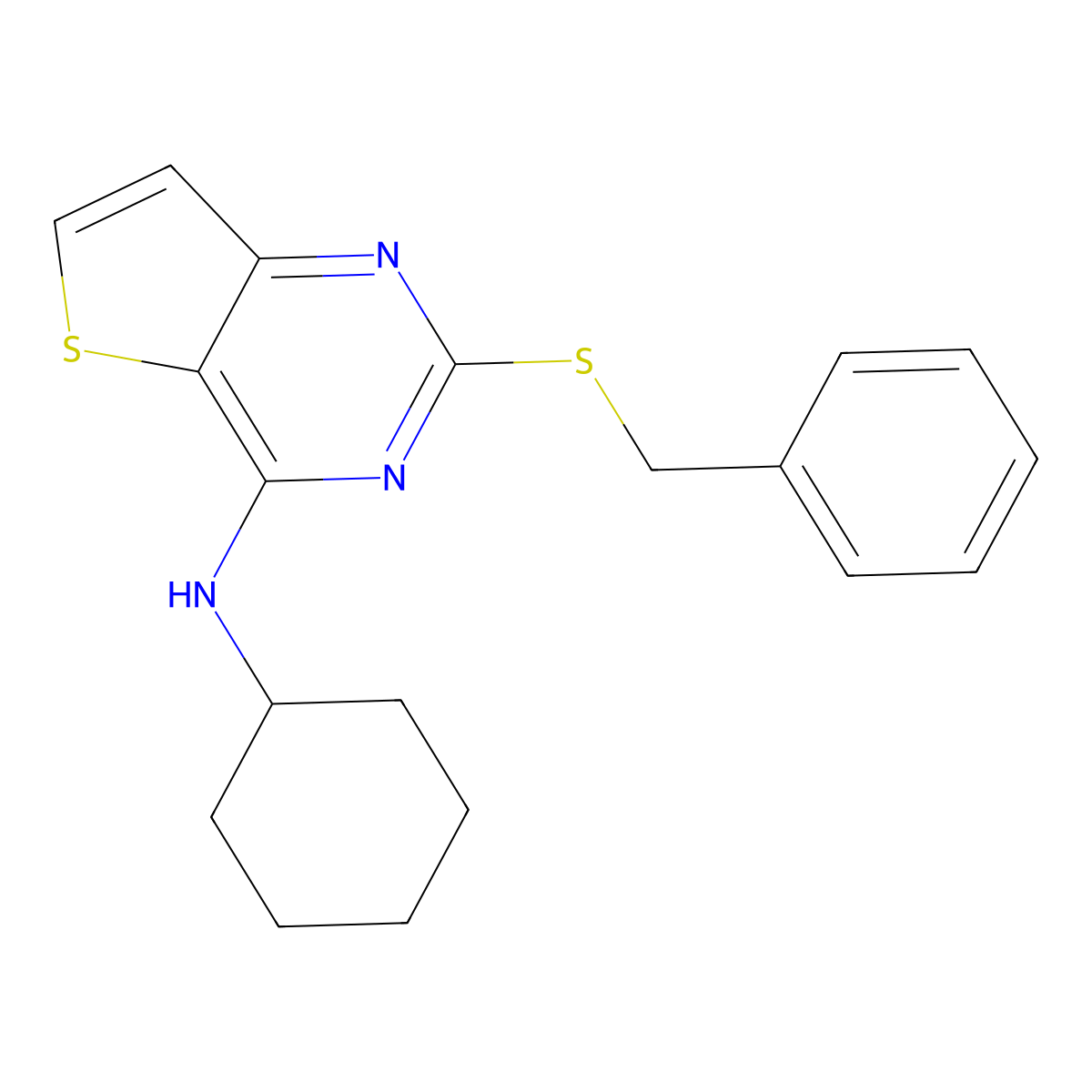 2-(benzylsulfanyl)-N-cyclohexylthieno[3,2-d]pyrimidin-4-amine molecular structure, CAS 339018-95-0