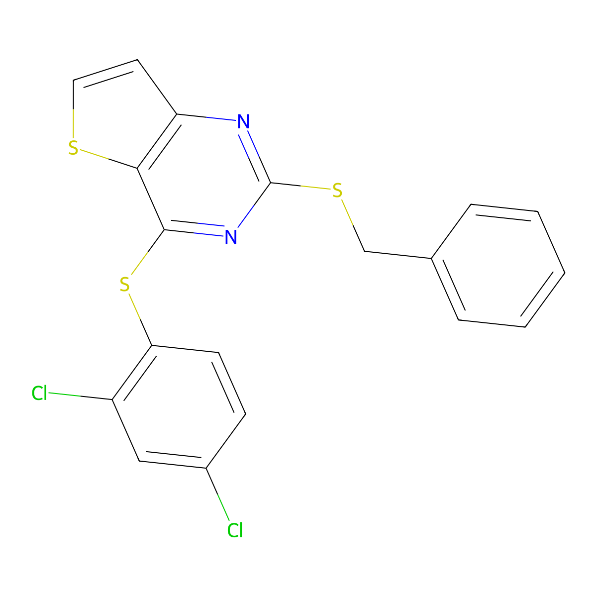 2-(Benzylsulfanyl)-4-[(2,4-dichlorophenyl)sulfanyl]thieno[3,2-d]pyrimidine molecular structure, CAS 339018-96-1