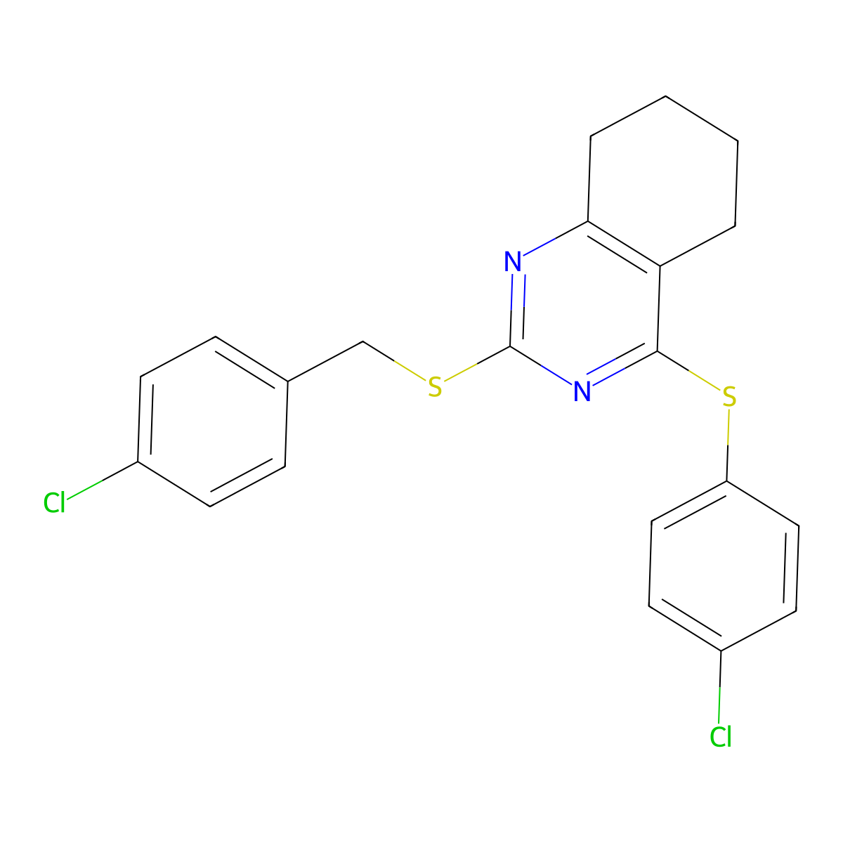 2-[(4-Chlorophenyl)methylsulfanyl]-4-(4-chlorophenyl)sulfanyl-5,6,7,8-tetrahydroquinazoline molecular structure, CAS 339019-14-6