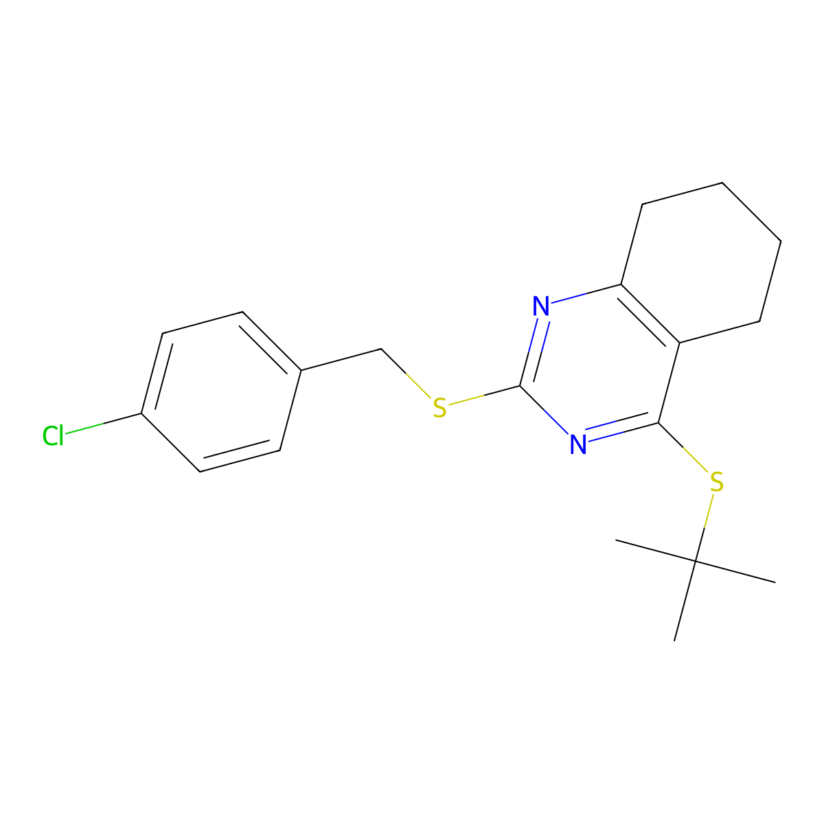 Tert-butyl 2-[(4-chlorobenzyl)sulfanyl]-5,6,7,8-tetrahydro-4-quinazolinyl sulfide molecular structure, CAS 339019-15-7