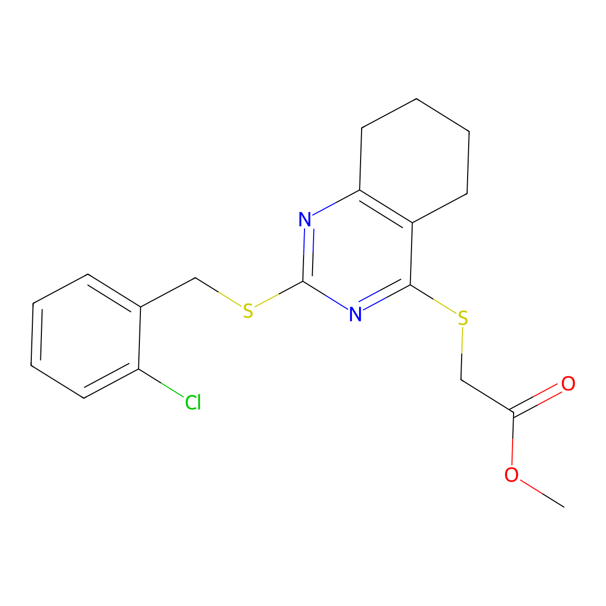 Methyl 2-({2-[(2-chlorobenzyl)sulfanyl]-5,6,7,8-tetrahydro-4-quinazolinyl}sulfanyl)acetate molecular structure, CAS 339019-38-4