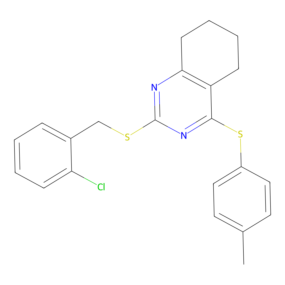 2-[(2-Chlorophenyl)methylsulfanyl]-4-(4-methylphenyl)sulfanyl-5,6,7,8-tetrahydroquinazoline molecular structure, CAS 339019-40-8