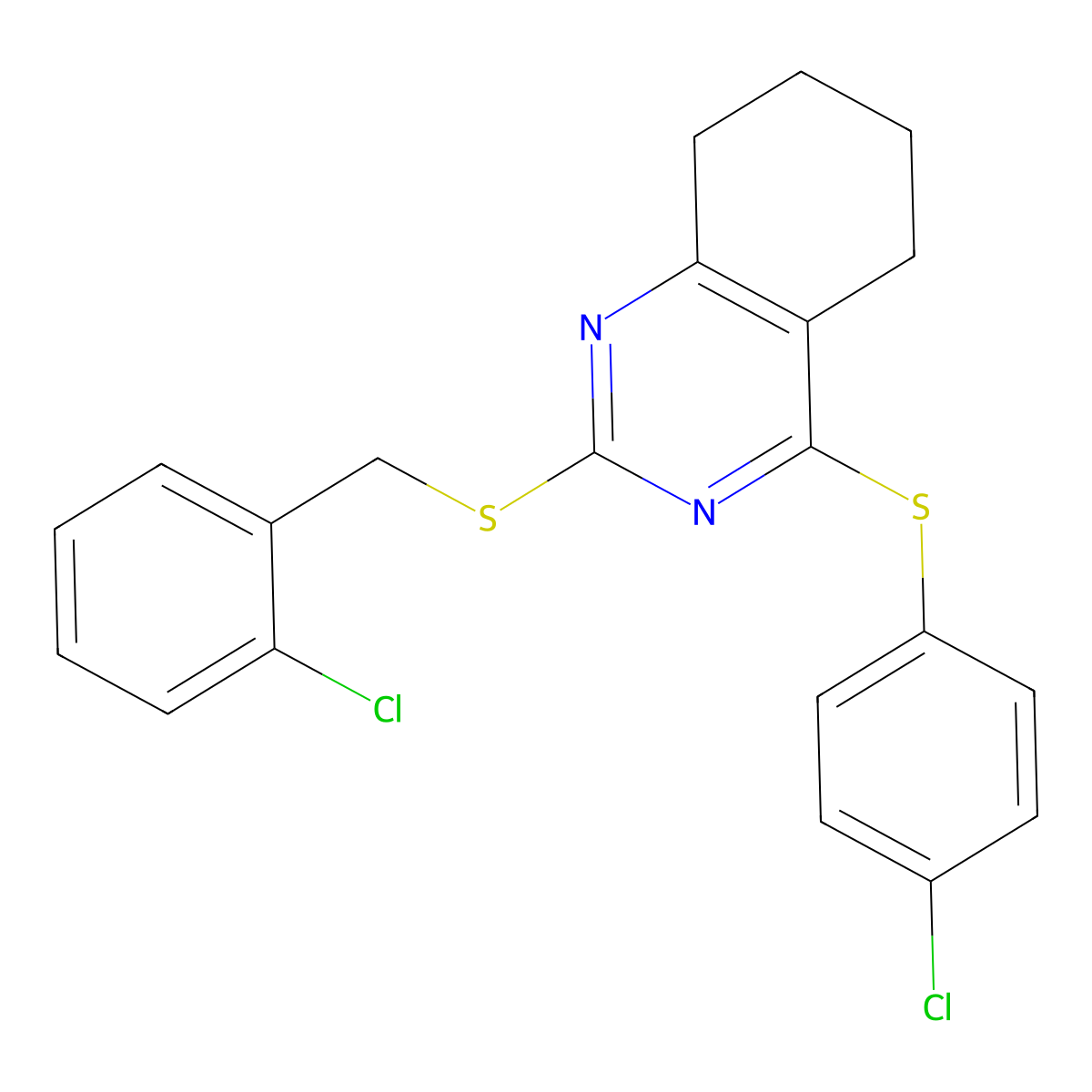 2-[(2-Chlorophenyl)methylsulfanyl]-4-(4-chlorophenyl)sulfanyl-5,6,7,8-tetrahydroquinazoline molecular structure, CAS 339019-41-9