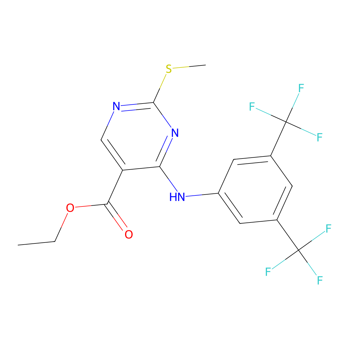Ethyl 4-[3,5-bis(trifluoromethyl)anilino]-2-(methylsulfanyl)-5-pyrimidinecarboxylate molecular structure, CAS 339019-44-2