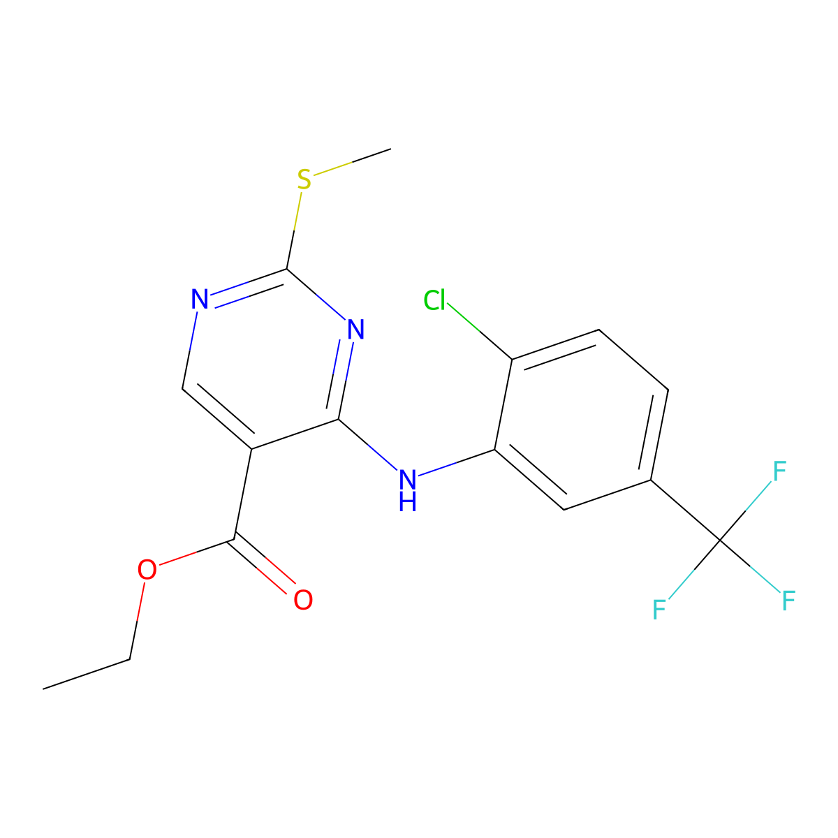 Ethyl 4-[2-chloro-5-(trifluoromethyl)anilino]-2-(methylsulfanyl)-5-pyrimidinecarboxylate molecular structure, CAS 339019-46-4