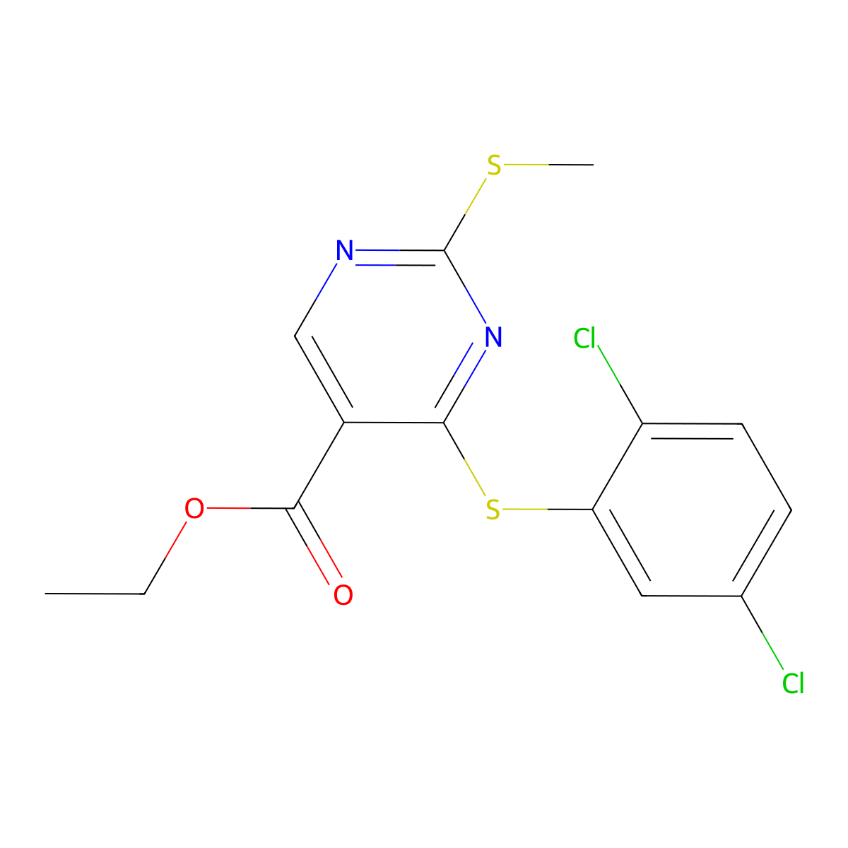 Ethyl 4-[(2,5-dichlorophenyl)sulfanyl]-2-(methylsulfanyl)-5-pyrimidinecarboxylate molecular structure, CAS 339019-47-5