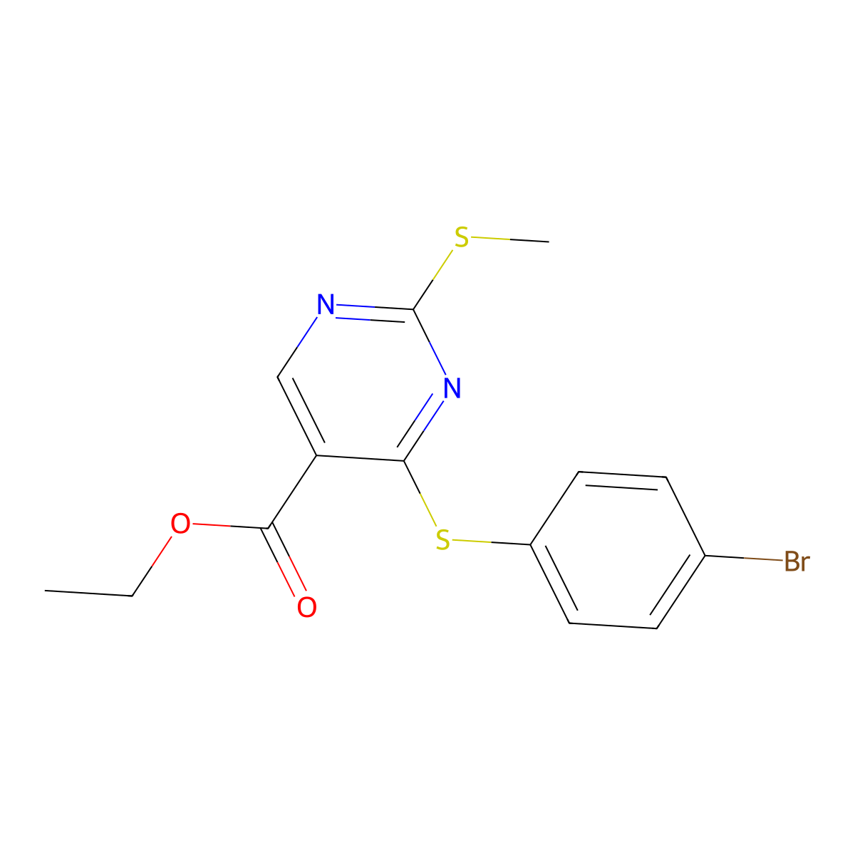 Ethyl 4-[(4-bromophenyl)sulfanyl]-2-(methylsulfanyl)-5-pyrimidinecarboxylate molecular structure, CAS 339019-48-6