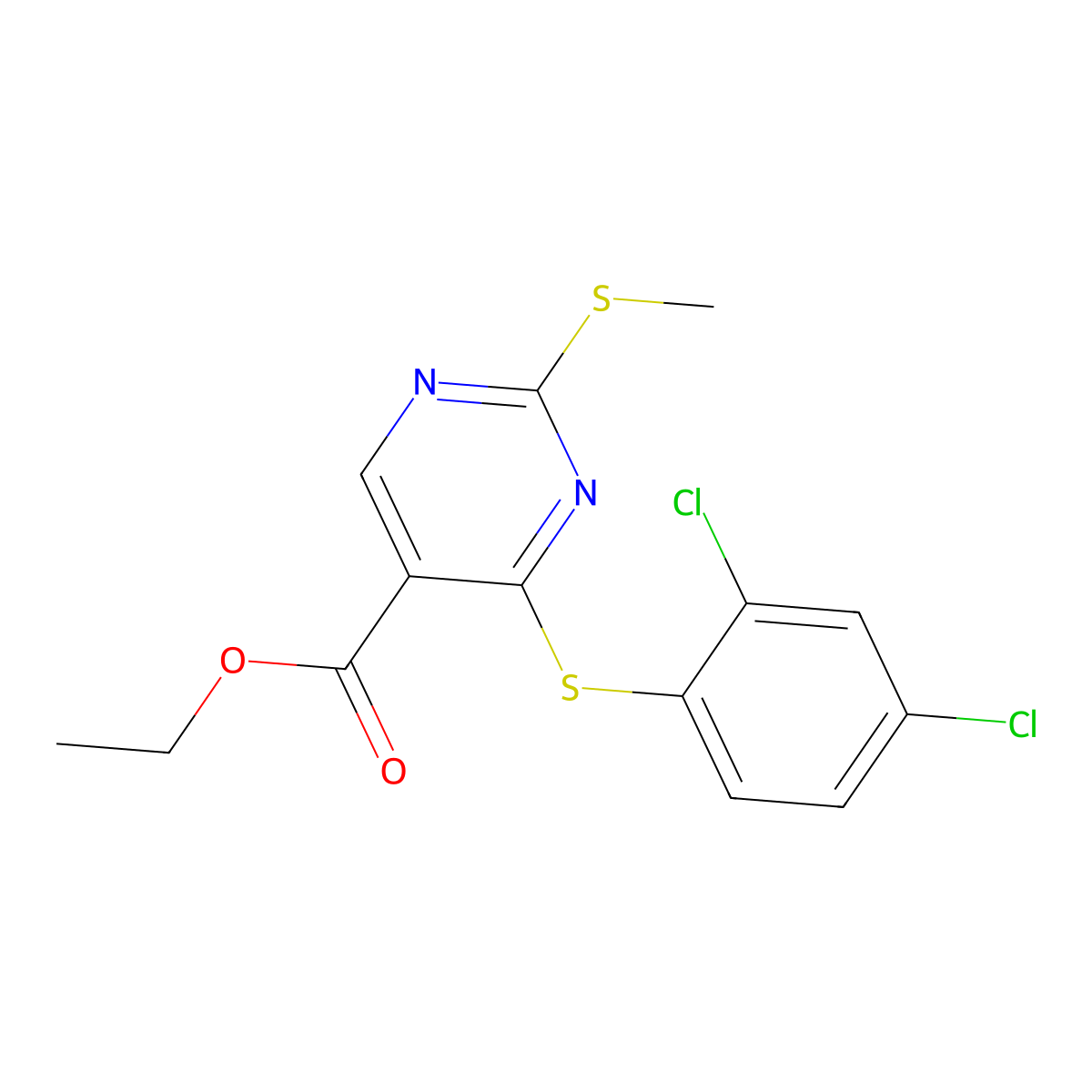 Ethyl 4-[(2,4-dichlorophenyl)sulfanyl]-2-(methylsulfanyl)-5-pyrimidinecarboxylate molecular structure, CAS 339019-49-7