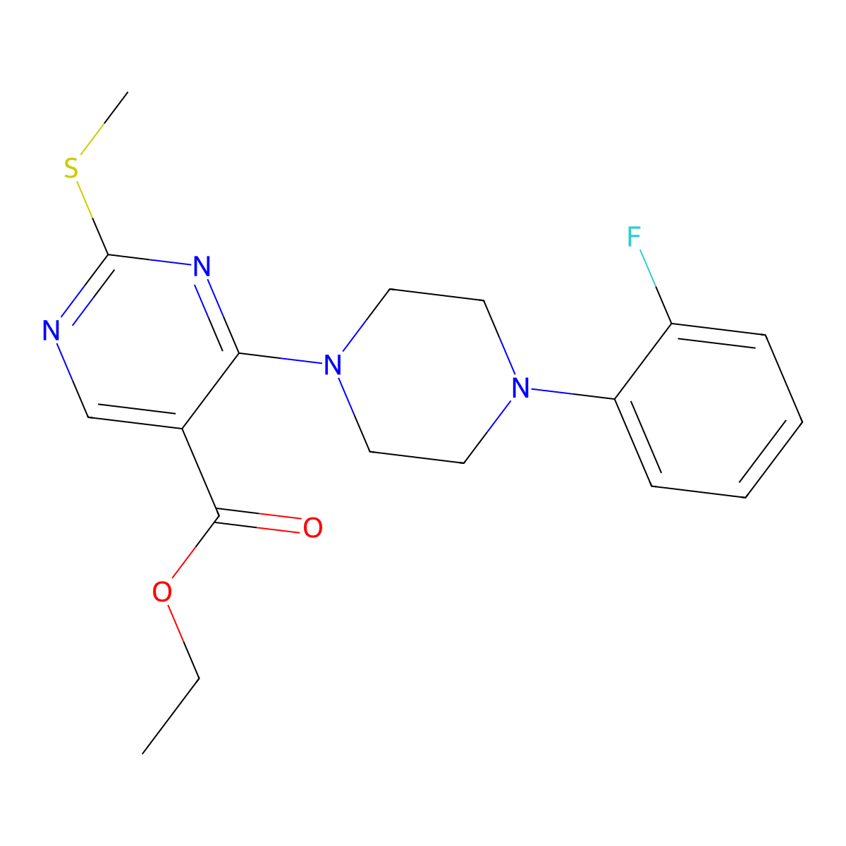 Ethyl 4-[4-(2-fluorophenyl)piperazino]-2-(methylsulfanyl)-5-pyrimidinecarboxylate molecular structure, CAS 339019-52-2
