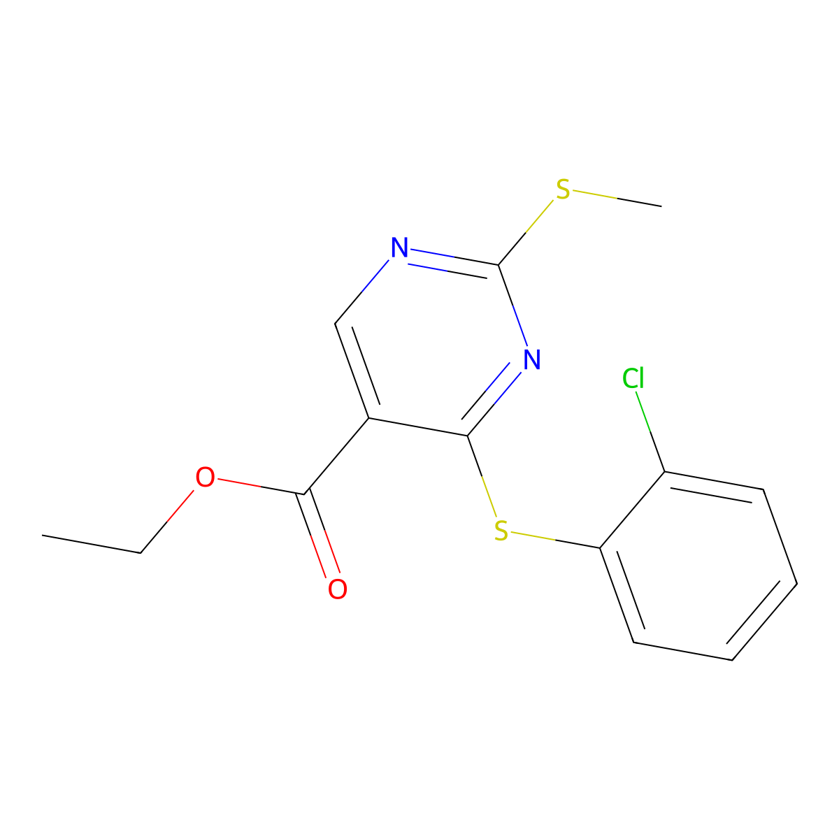 Ethyl 4-[(2-chlorophenyl)sulfanyl]-2-(methylsulfanyl)-5-pyrimidinecarboxylate molecular structure, CAS 339019-54-4