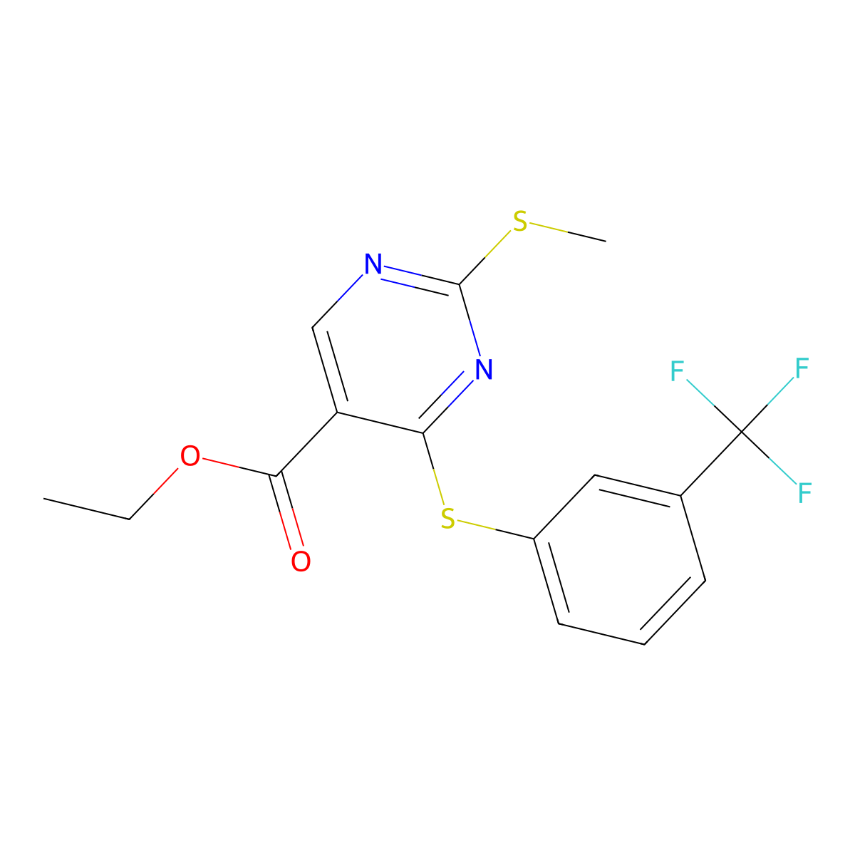 Ethyl 2-(methylsulfanyl)-4-{[3-(trifluoromethyl)phenyl]sulfanyl}-5-pyrimidinecarboxylate molecular structure, CAS 339019-55-5