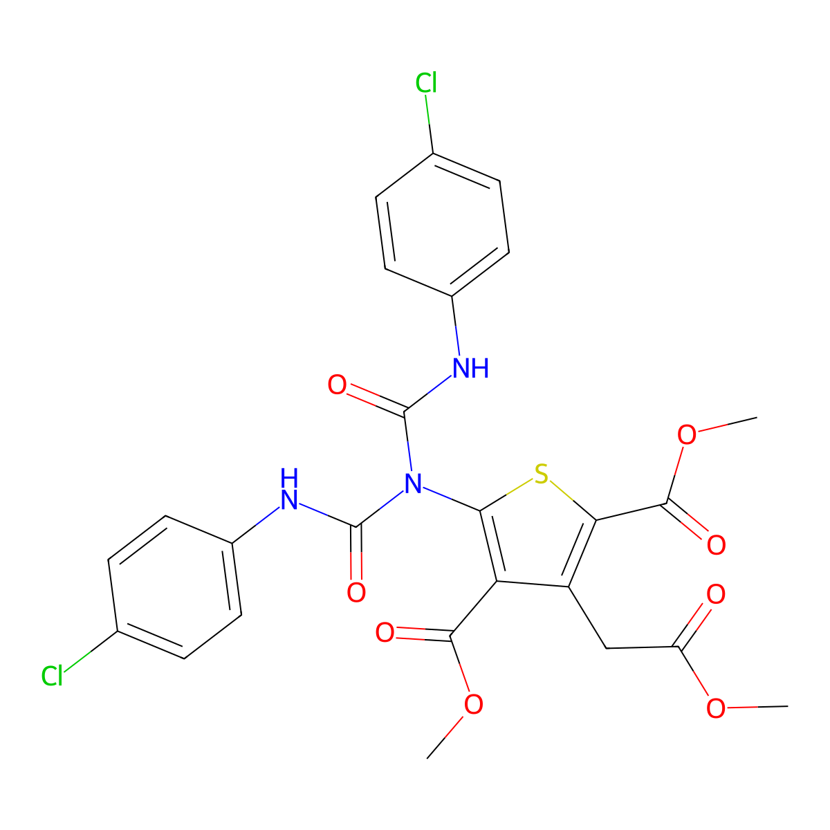 Dimethyl 5-{bis[(4-chloroanilino)carbonyl]amino}-3-(2-methoxy-2-oxoethyl)-2,4-thiophenedicarboxylate molecular structure, CAS 339020-01-8