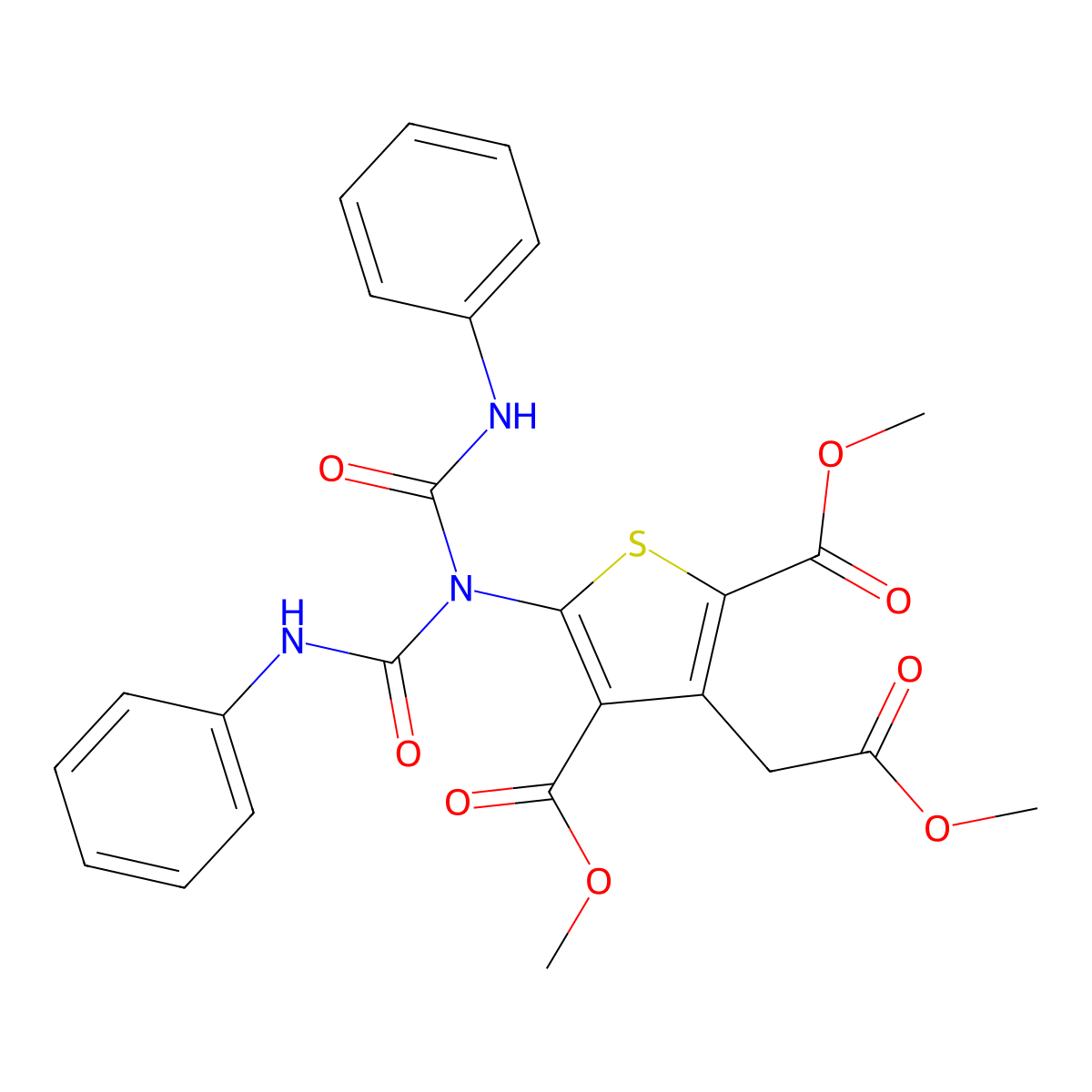 Dimethyl 5-[bis(anilinocarbonyl)amino]-3-(2-methoxy-2-oxoethyl)-2,4-thiophenedicarboxylate molecular structure, CAS 339020-08-5