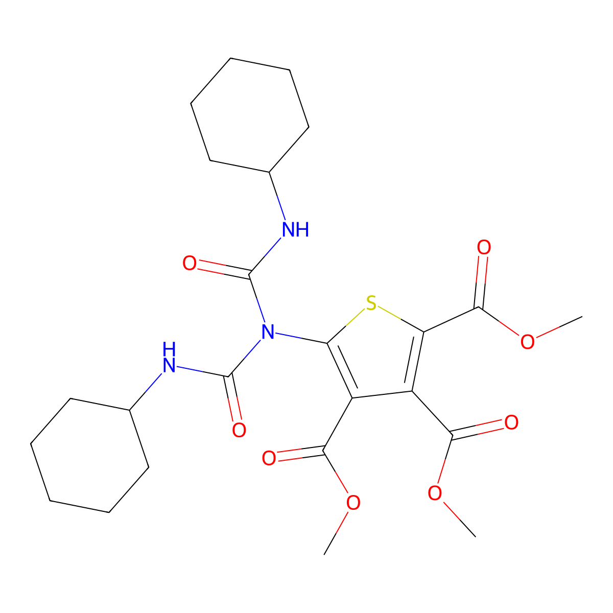 Trimethyl 5-{bis[(cyclohexylamino)carbonyl]amino}-2,3,4-thiophenetricarboxylate molecular structure, CAS 339020-17-6