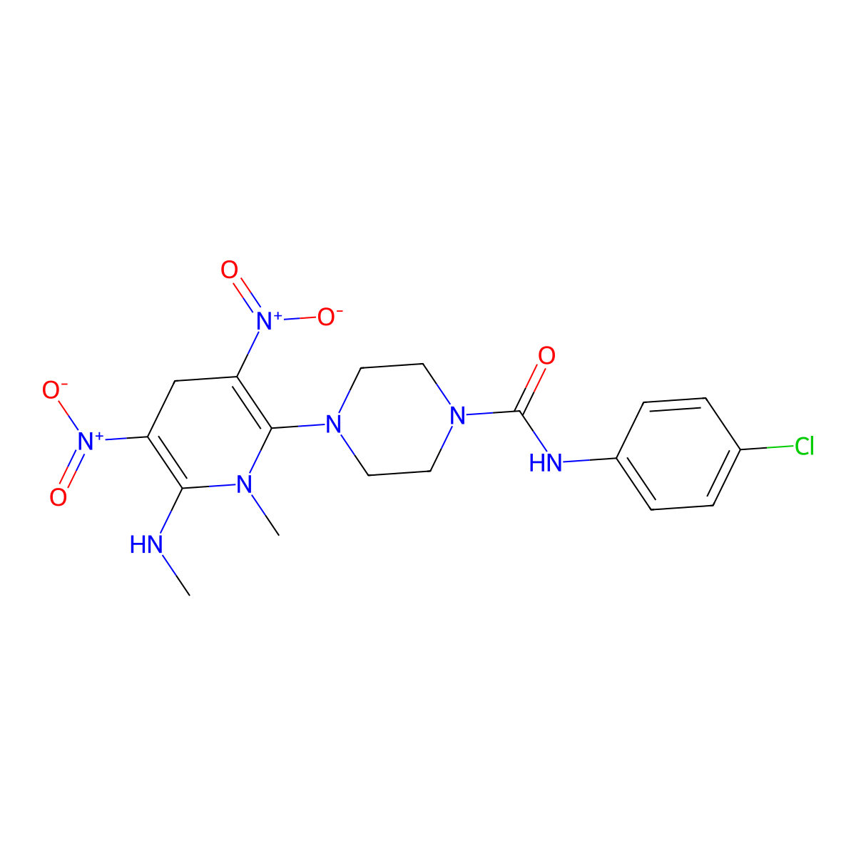 N-(4-chlorophenyl)-4-[1-methyl-6-(methylamino)-3,5-dinitro-1,4-dihydro-2-pyridinyl]tetrahydro-1(2H)-pyrazinecarboxamide molecular structure, CAS 339020-75-6