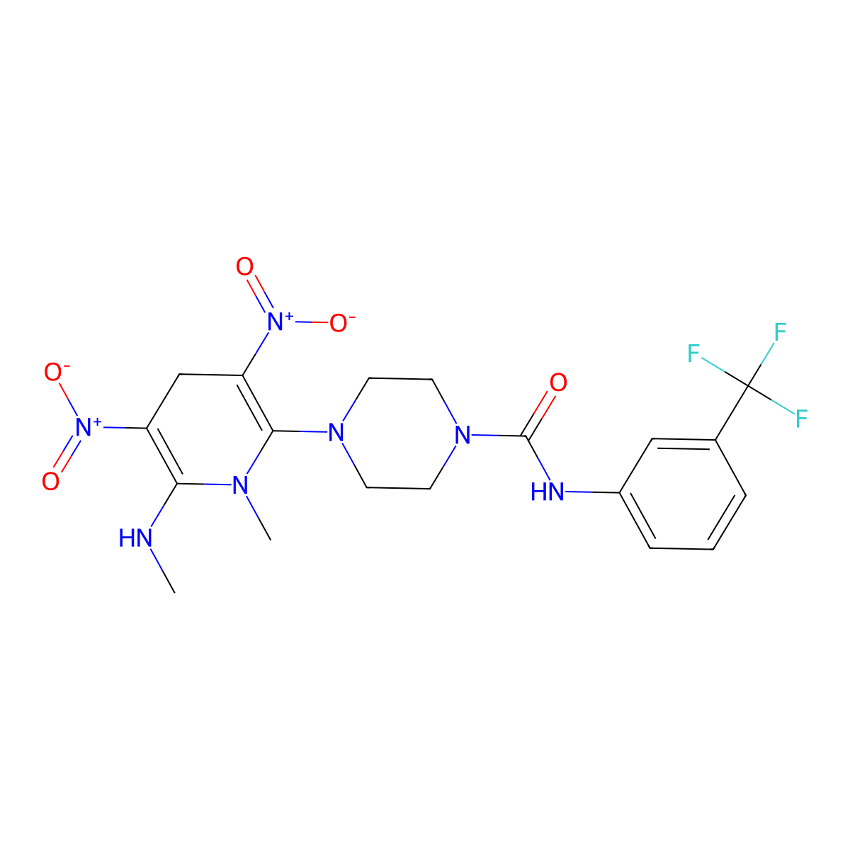4-[1-methyl-6-(methylamino)-3,5-dinitro-1,4-dihydro-2-pyridinyl]-N-[3-(trifluoromethyl)phenyl]tetrahydro-1(2H)-pyrazinecarboxamide molecular structure, CAS 339020-76-7