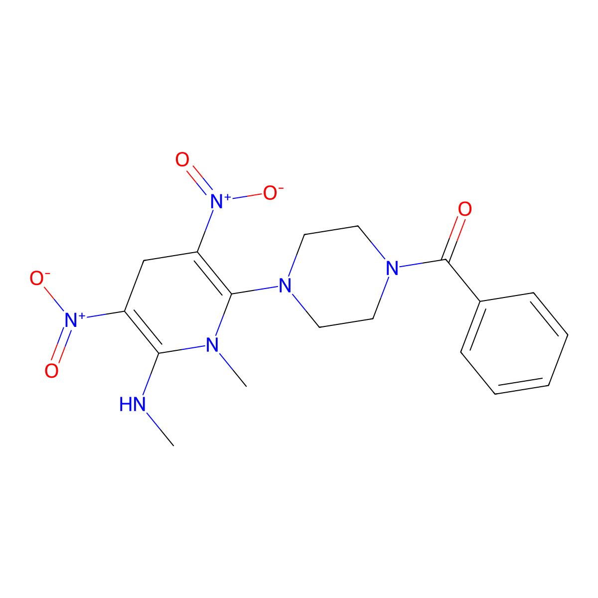{4-[1-Methyl-6-(methylamino)-3,5-dinitro-1,4-dihydro-2-pyridinyl]piperazino}(phenyl)methanone molecular structure, CAS 339020-83-6