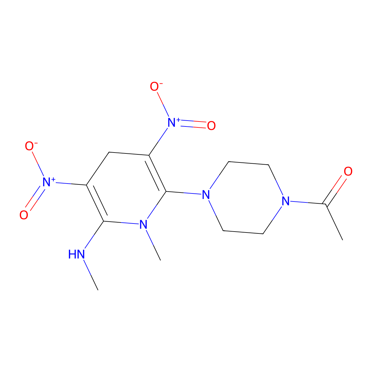 1-{4-[1-Methyl-6-(methylamino)-3,5-dinitro-1,4-dihydro-2-pyridinyl]piperazino}-1-ethanone molecular structure, CAS 339020-85-8