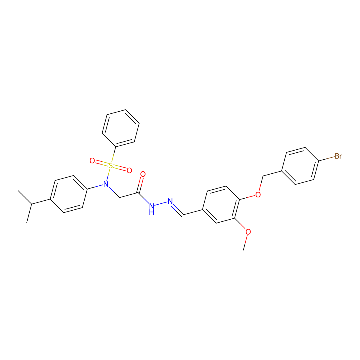 Glycine, N-[4-(1-methylethyl)phenyl]-N-(phenylsulfonyl)-, [[4-[(4-bromophenyl)methoxy]-3-methoxyphenyl]methylene]hydrazide molecular structure, CAS 339024-39-4