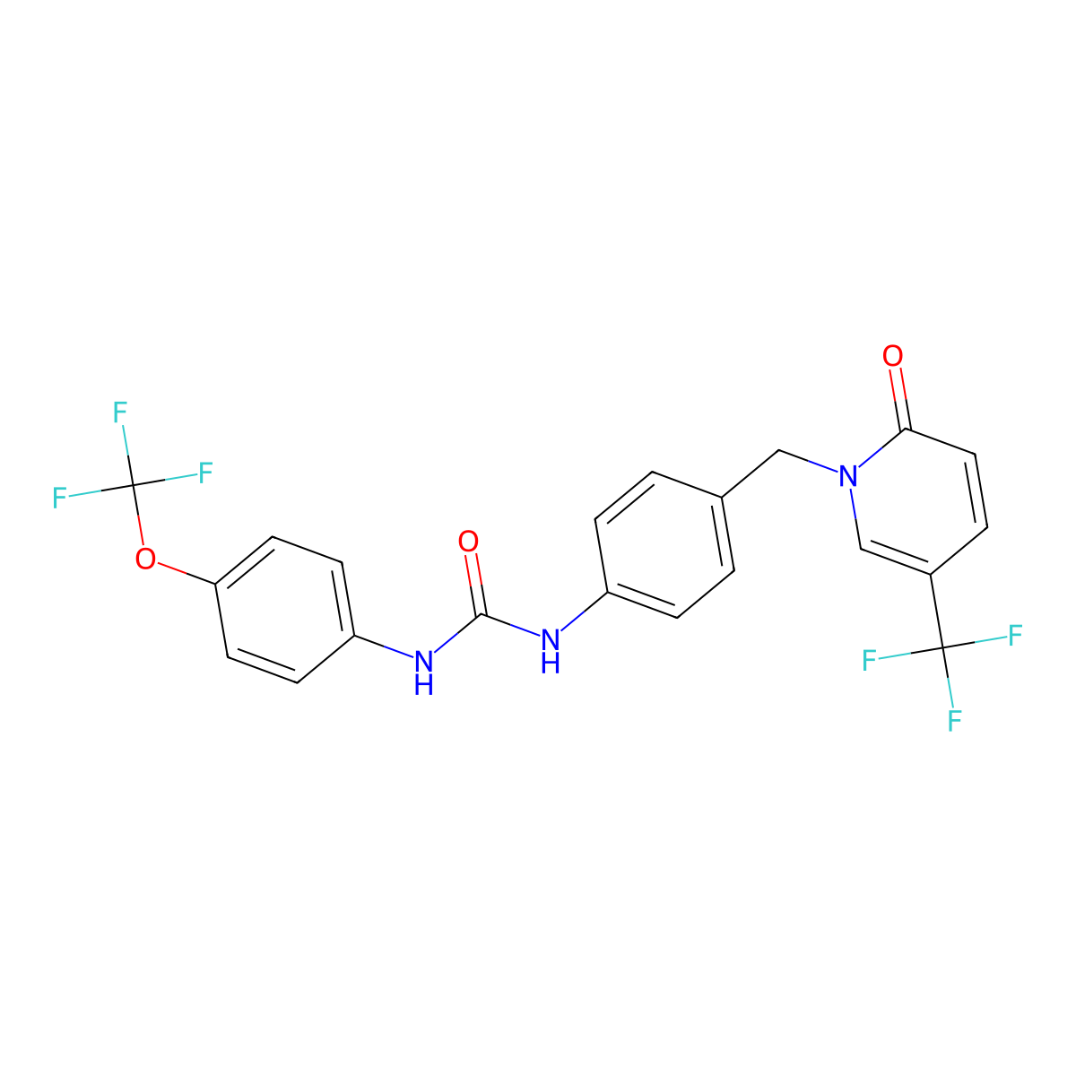1-[4-[[2-Oxo-5-(trifluoromethyl)pyridin-1-yl]methyl]phenyl]-3-[4-(trifluoromethoxy)phenyl]urea molecular structure, CAS 339025-59-1