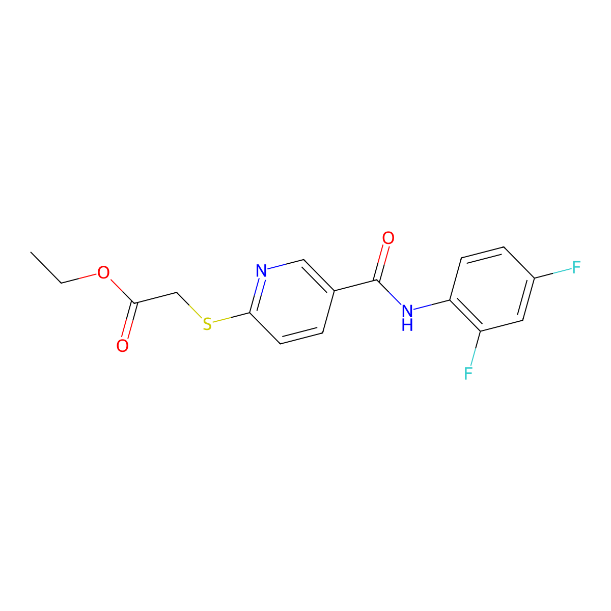 Ethyl 2-({5-[(2,4-difluoroanilino)carbonyl]-2-pyridinyl}sulfanyl)acetate molecular structure, CAS 339030-67-0