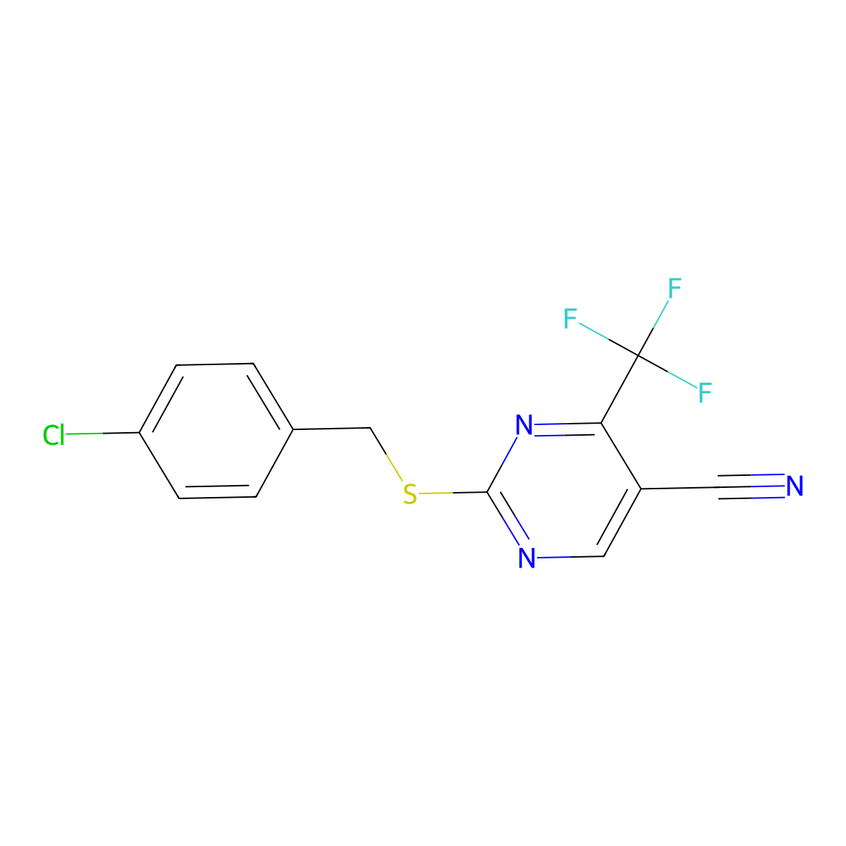 2-[(4-Chlorobenzyl)sulfanyl]-4-(trifluoromethyl)-5-pyrimidinecarbonitrile molecular structure, CAS 339096-97-8