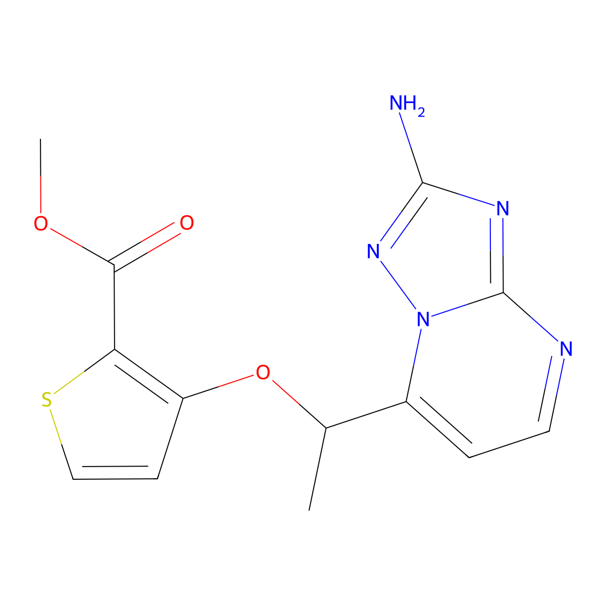 Methyl 3-(1-(2-amino(1,2,4)triazolo[1,5-a]pyrimidin-7-yl)ethoxy)-2-thiophenecarboxylate molecular structure, CAS 339097-05-1