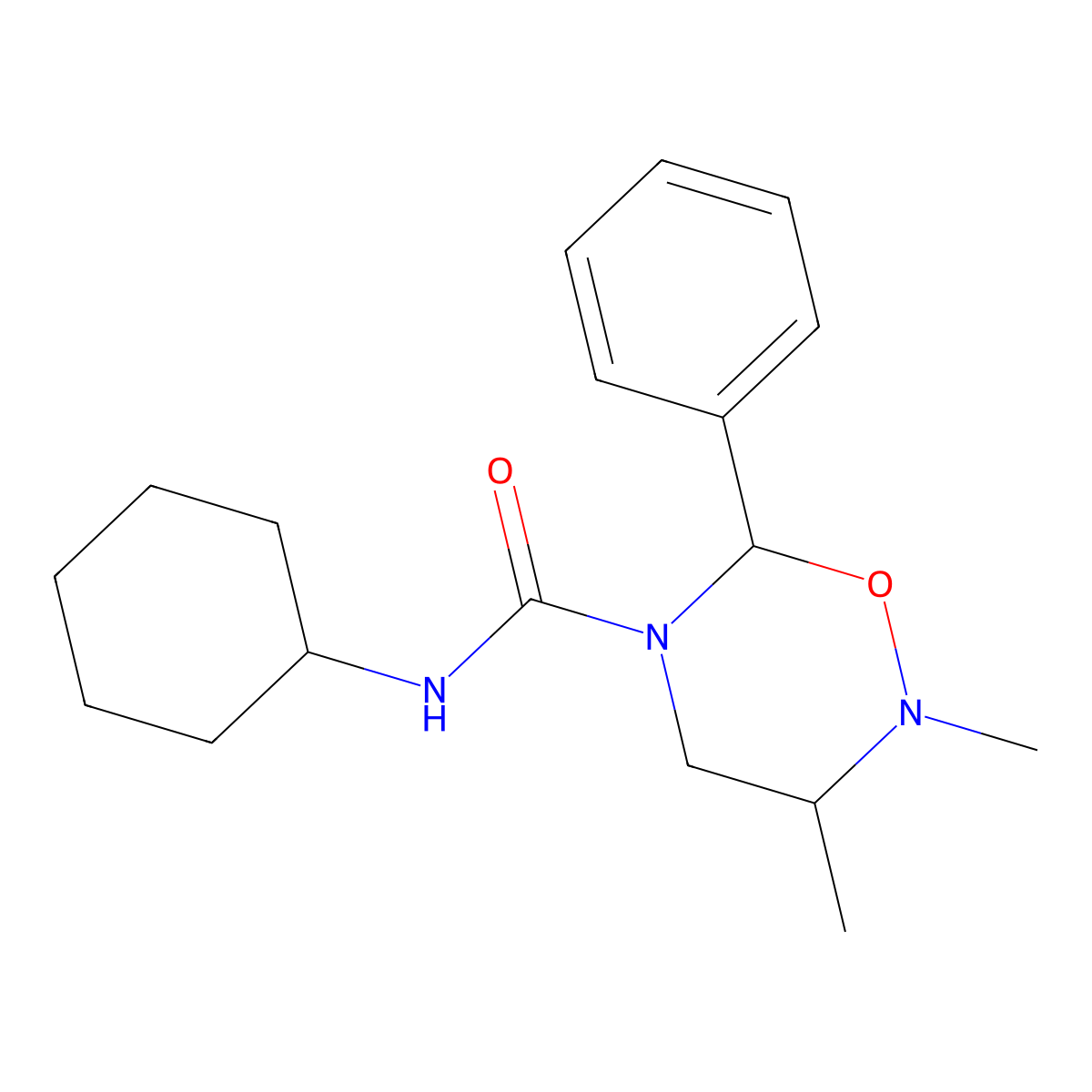 N-cyclohexyl-2,3-dimethyl-6-phenyl-1,2,5-oxadiazinane-5-carboxamide molecular structure, CAS 339098-67-8