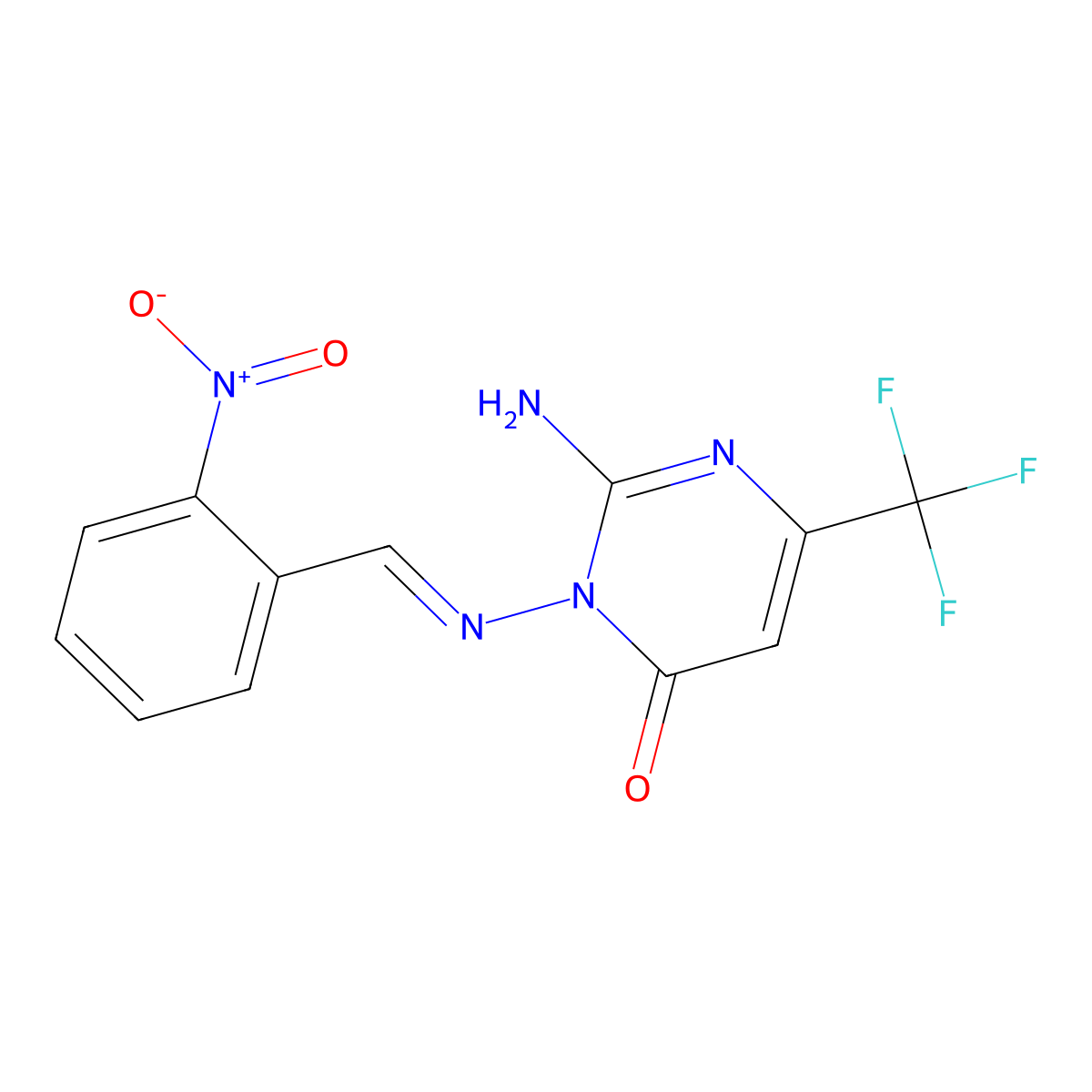 2-amino-3-[(E)-[(2-nitrophenyl)methylidene]amino]-6-(trifluoromethyl)-3,4-dihydropyrimidin-4-one molecular structure, CAS 339100-40-2