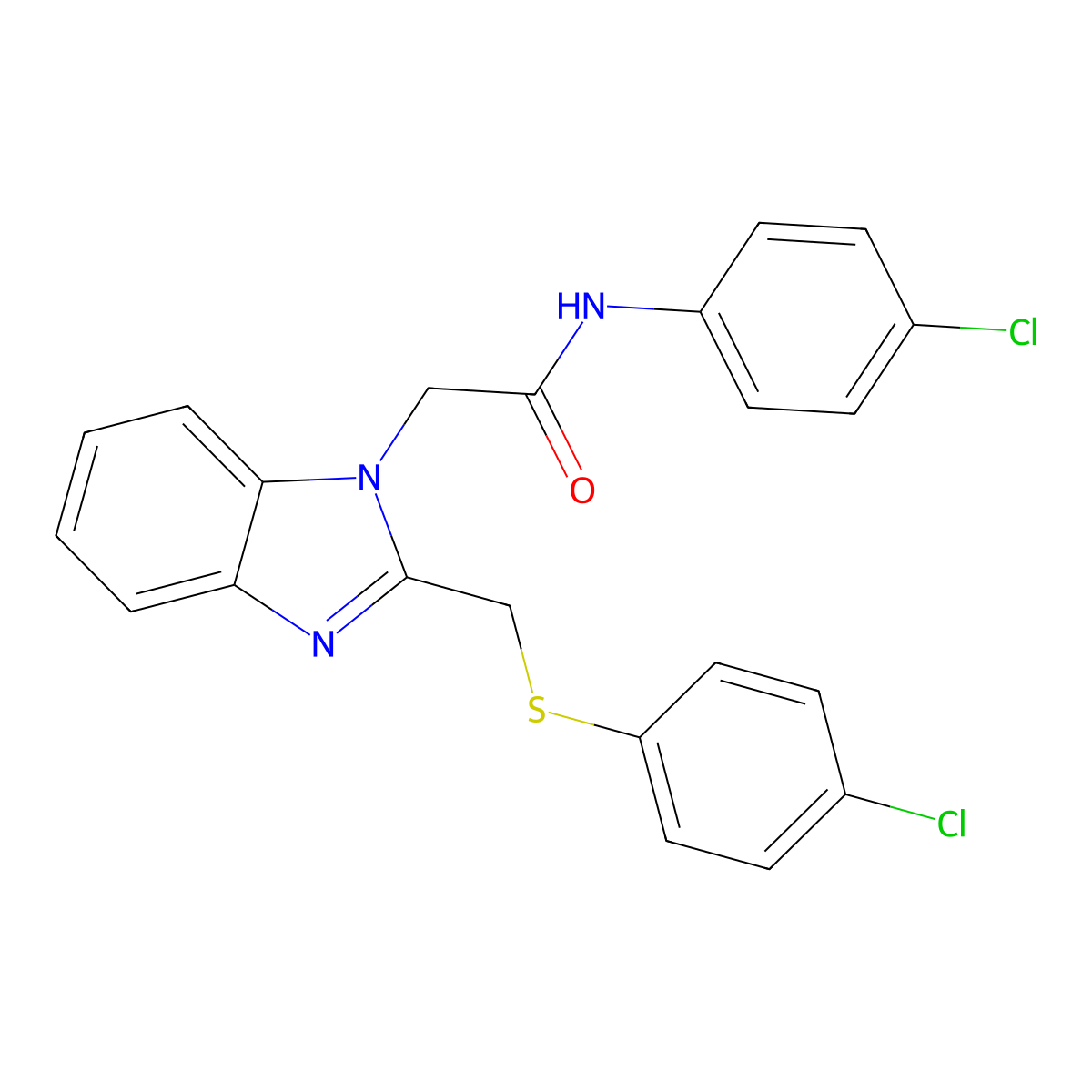 N-(4-Chlorophenyl)-2-(2-(((4-chlorophenyl)sulfanyl)methyl)-1H-1,3-benzimidazol-1-yl)acetamide molecular structure, CAS 339100-87-7