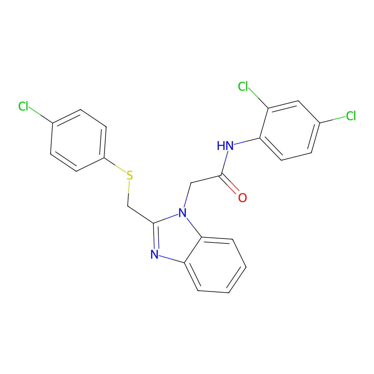 2-(2-(((4-Chlorophenyl)sulfanyl)methyl)-1H-1,3-benzimidazol-1-yl)-N-(2,4-dichlorophenyl)acetamide molecular structure, CAS 339100-94-6