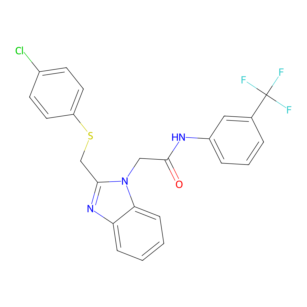 2-(2-(((4-Chlorophenyl)sulfanyl)methyl)-1H-1,3-benzimidazol-1-yl)-N-(3-(trifluoromethyl)phenyl)acetamide molecular structure, CAS 339100-98-0