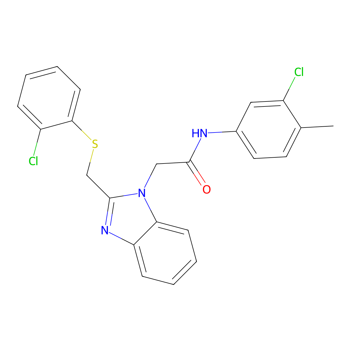 N-(3-Chloro-4-methylphenyl)-2-(2-(((2-chlorophenyl)sulfanyl)methyl)-1H-1,3-benzimidazol-1-yl)acetamide molecular structure, CAS 339101-15-4