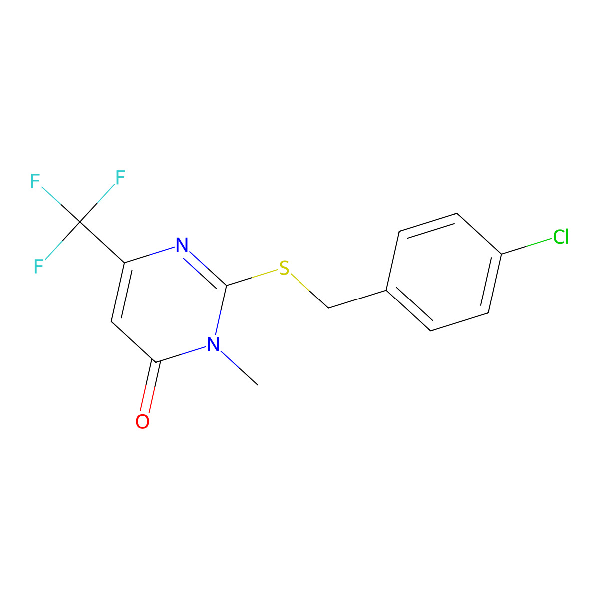 2-((4-Chlorobenzyl)sulfanyl)-3-methyl-6-(trifluoromethyl)-4(3H)-pyrimidinone molecular structure, CAS 339101-38-1