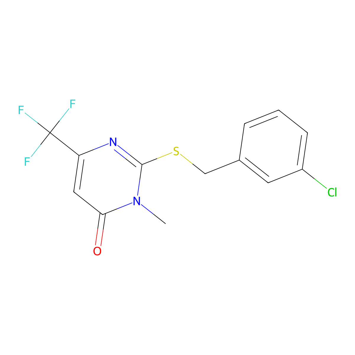 2-((3-Chlorobenzyl)sulfanyl)-3-methyl-6-(trifluoromethyl)-4(3H)-pyrimidinone molecular structure, CAS 339101-41-6