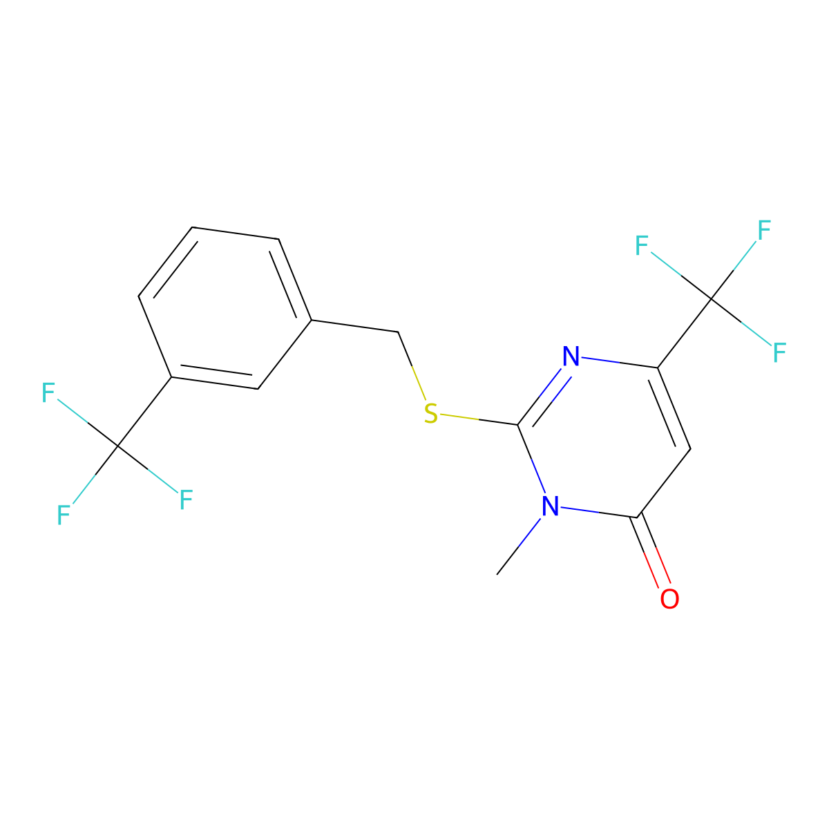 3-Methyl-6-(trifluoromethyl)-2-((3-(trifluoromethyl)benzyl)sulfanyl)-4(3H)-pyrimidinone molecular structure, CAS 339101-77-8