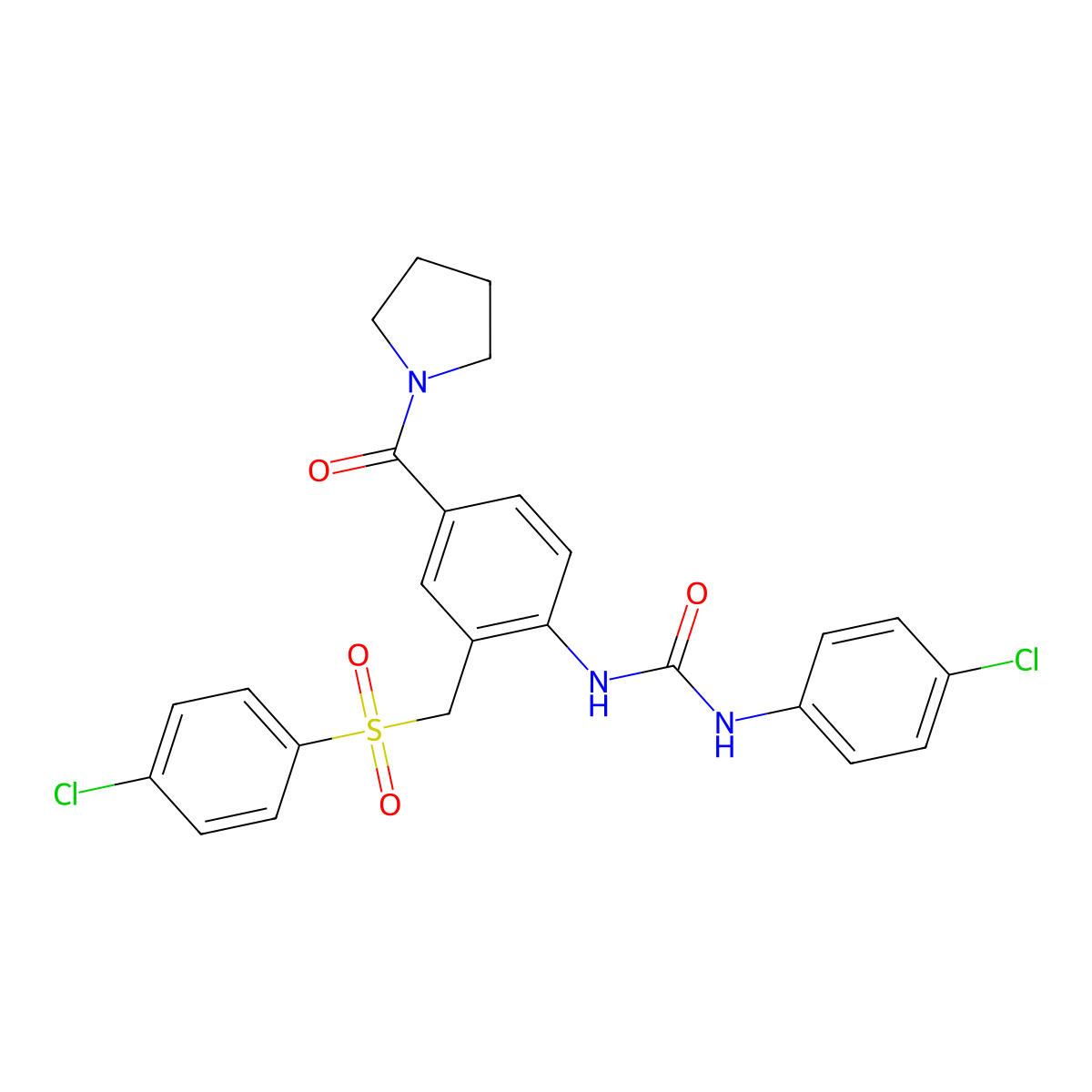 N-(4-chlorophenyl)-N'-[2-{[(4-chlorophenyl)sulfonyl]methyl}-4-(1-pyrrolidinylcarbonyl)phenyl]urea molecular structure, CAS 339101-82-5