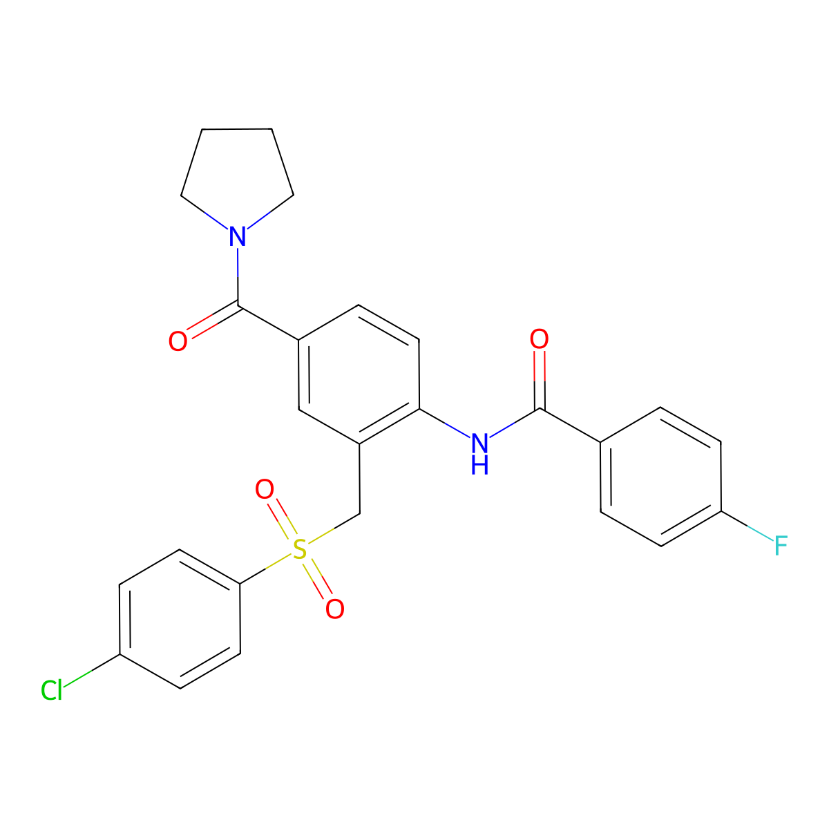 N-[2-{[(4-chlorophenyl)sulfonyl]methyl}-4-(1-pyrrolidinylcarbonyl)phenyl]-4-fluorobenzenecarboxamide molecular structure, CAS 339101-90-5