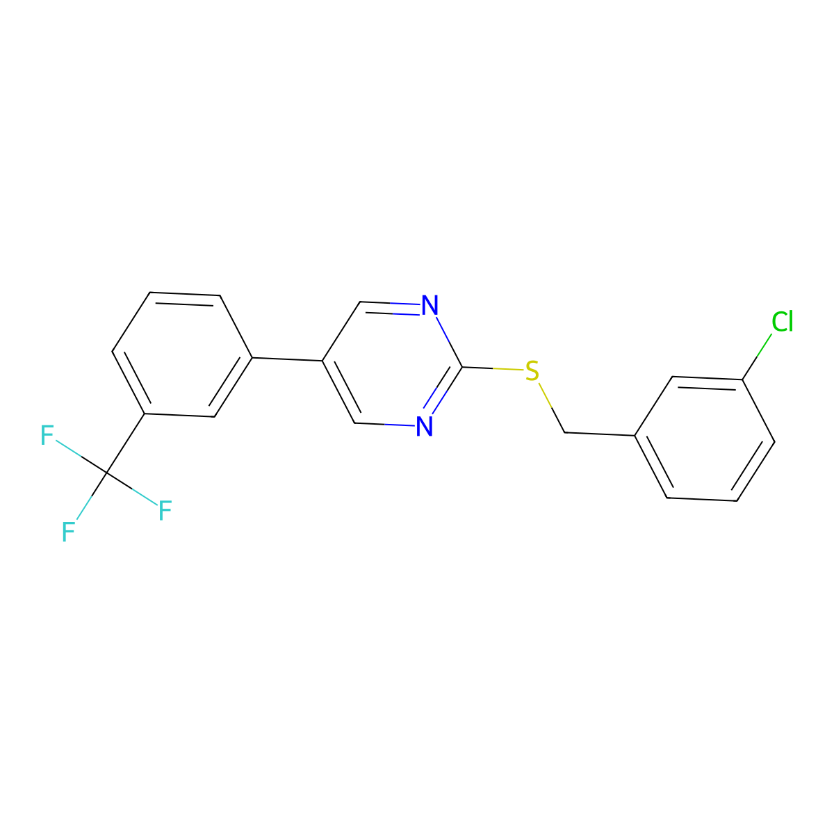 3-Chlorobenzyl 5-(3-(trifluoromethyl)phenyl)-2-pyrimidinyl sulfide molecular structure, CAS 339101-99-4