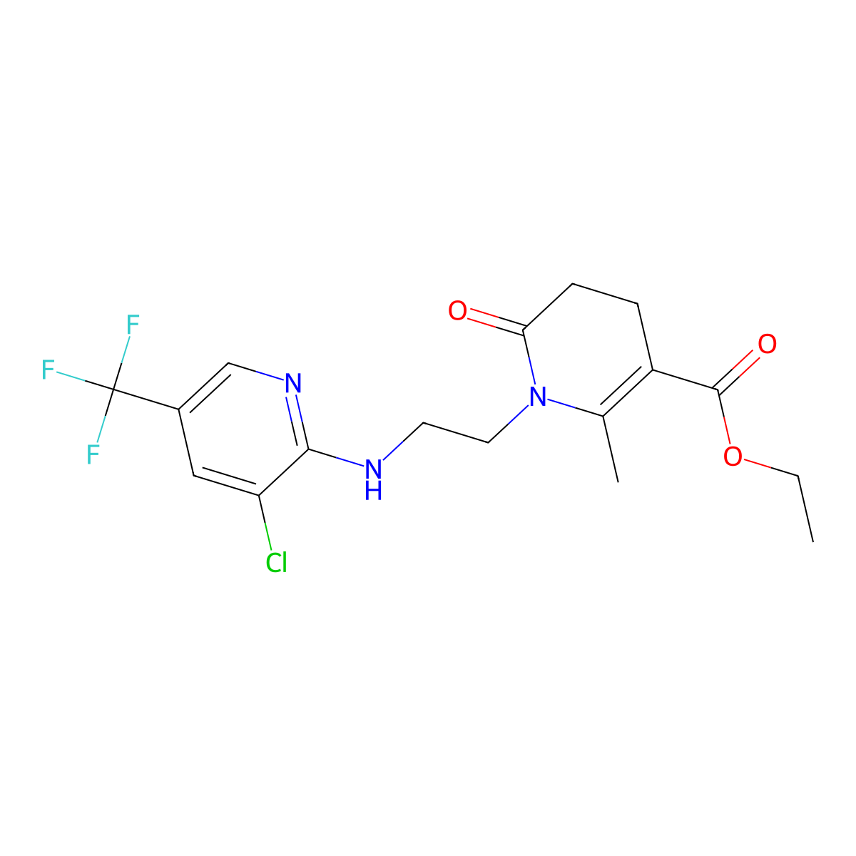 Ethyl 1-(2-{[3-chloro-5-(trifluoromethyl)-2-pyridinyl]amino}ethyl)-2-methyl-6-oxo-1,4,5,6-tetrahydro-3-pyridinecarboxylate molecular structure, CAS 339102-32-8