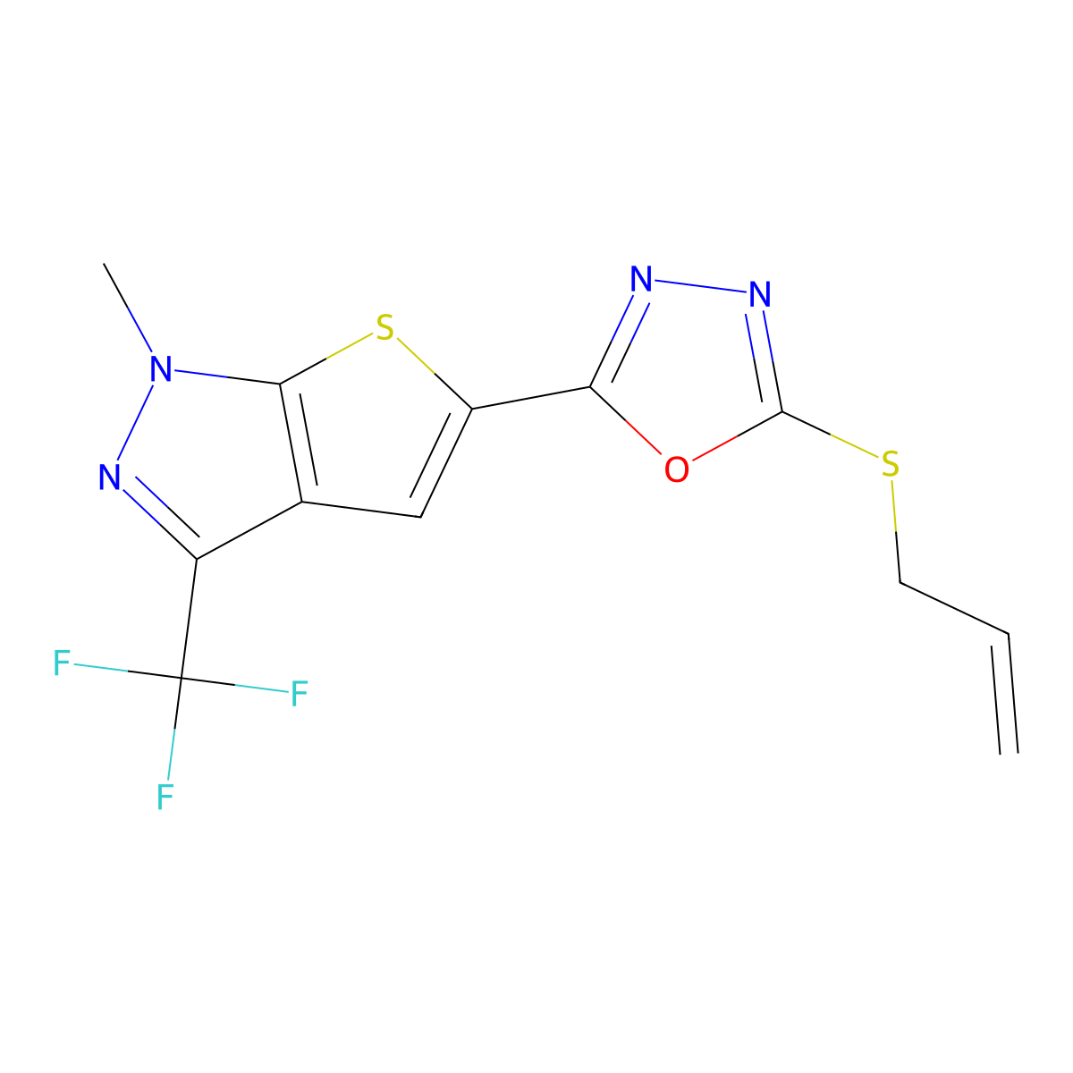 5-[5-(allylsulfanyl)-1,3,4-oxadiazol-2-yl]-1-methyl-3-(trifluoromethyl)-1H-thieno[2,3-c]pyrazole molecular structure, CAS 339103-31-0