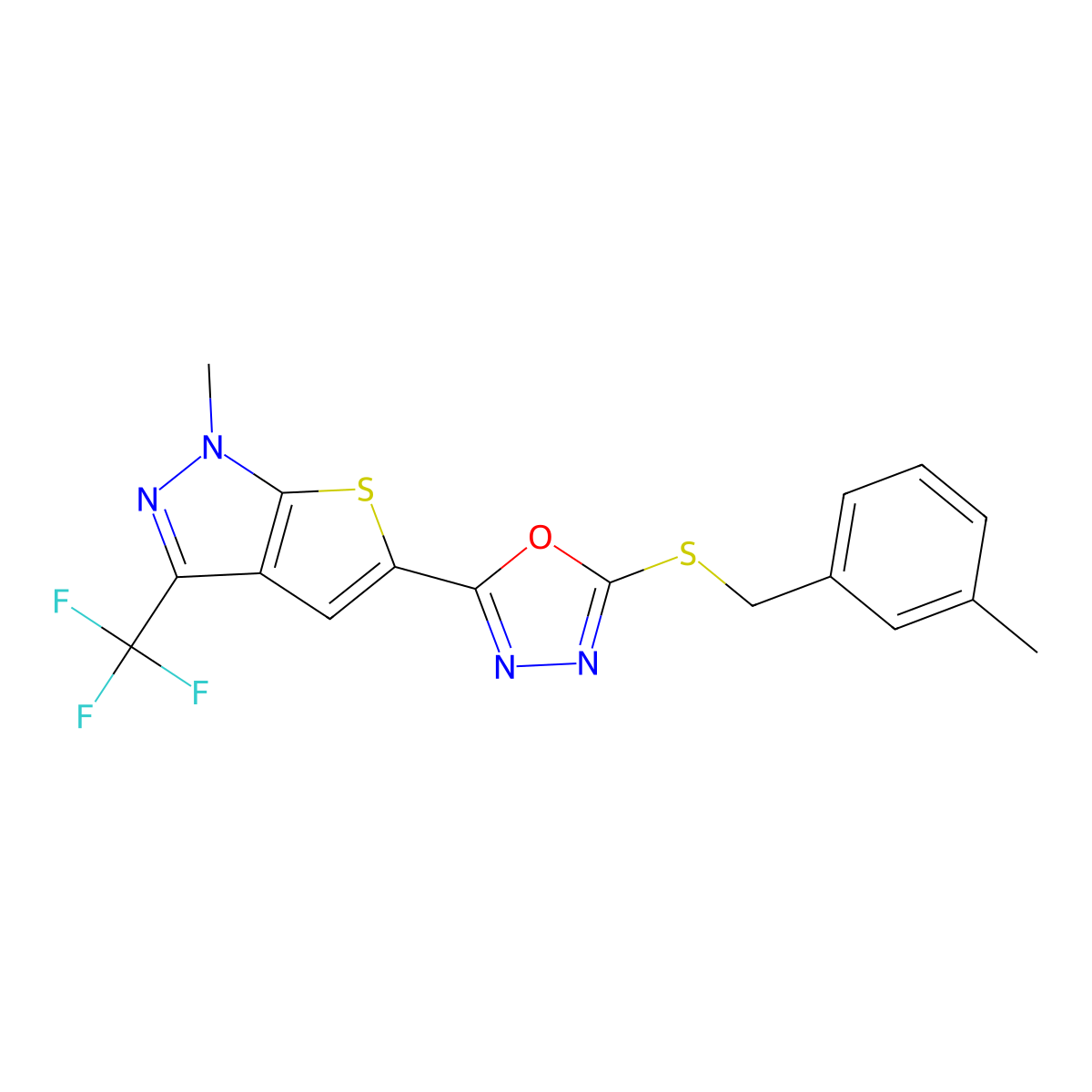 1-methyl-5-{5-[(3-methylbenzyl)sulfanyl]-1,3,4-oxadiazol-2-yl}-3-(trifluoromethyl)-1H-thieno[2,3-c]pyrazole molecular structure, CAS 339103-33-2